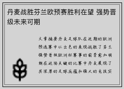 丹麦战胜芬兰欧预赛胜利在望 强势晋级未来可期