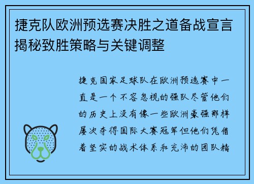 捷克队欧洲预选赛决胜之道备战宣言揭秘致胜策略与关键调整