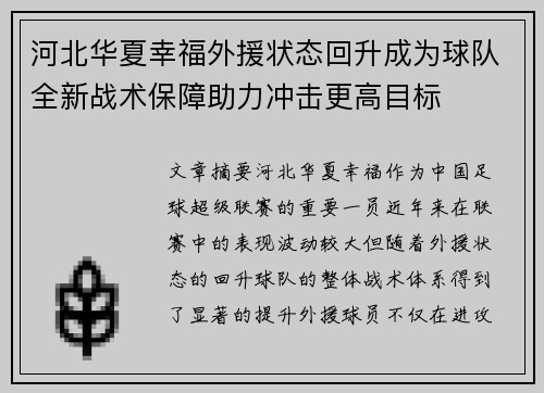 河北华夏幸福外援状态回升成为球队全新战术保障助力冲击更高目标