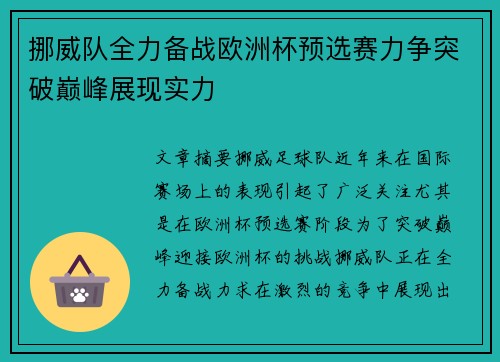 挪威队全力备战欧洲杯预选赛力争突破巅峰展现实力
