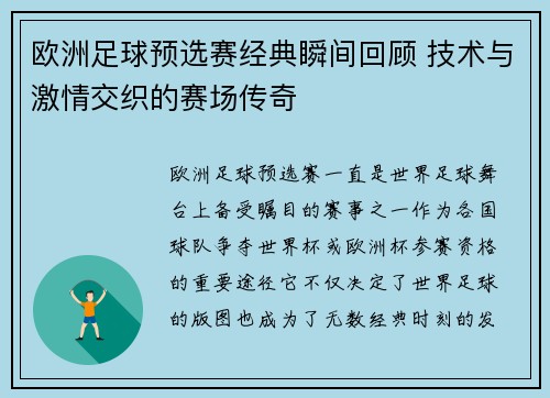 欧洲足球预选赛经典瞬间回顾 技术与激情交织的赛场传奇