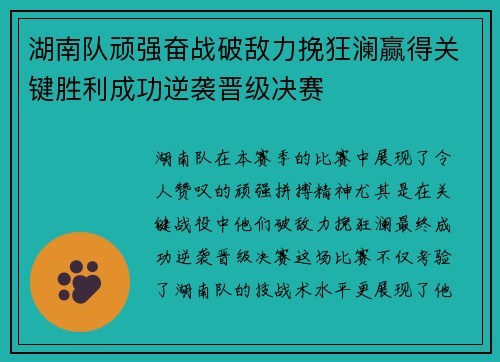 湖南队顽强奋战破敌力挽狂澜赢得关键胜利成功逆袭晋级决赛