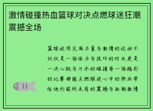 激情碰撞热血篮球对决点燃球迷狂潮震撼全场